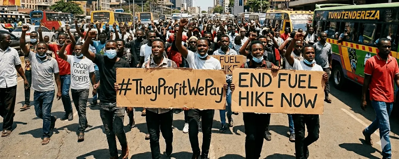 Demonstrators in Nairobi holding placards showing #TheyProfitWePay